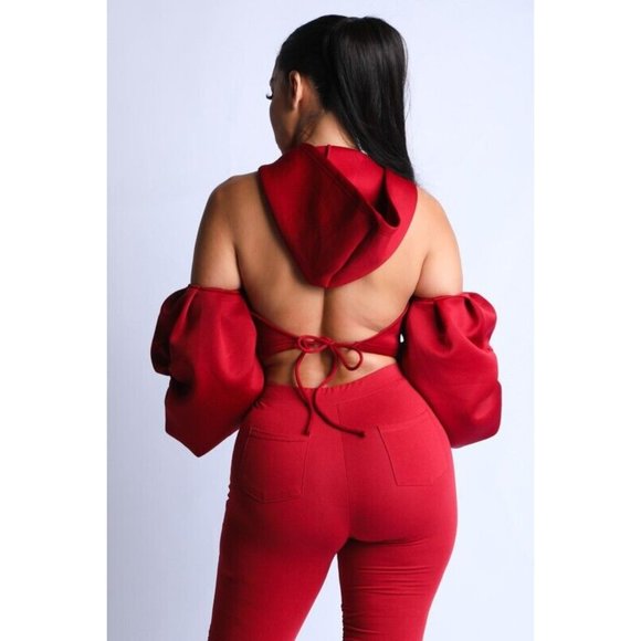 Women's Cold Shoulder Puff Sleeve Crop Top With Hoodie And Matching Pants Set - Picture 2 of 3